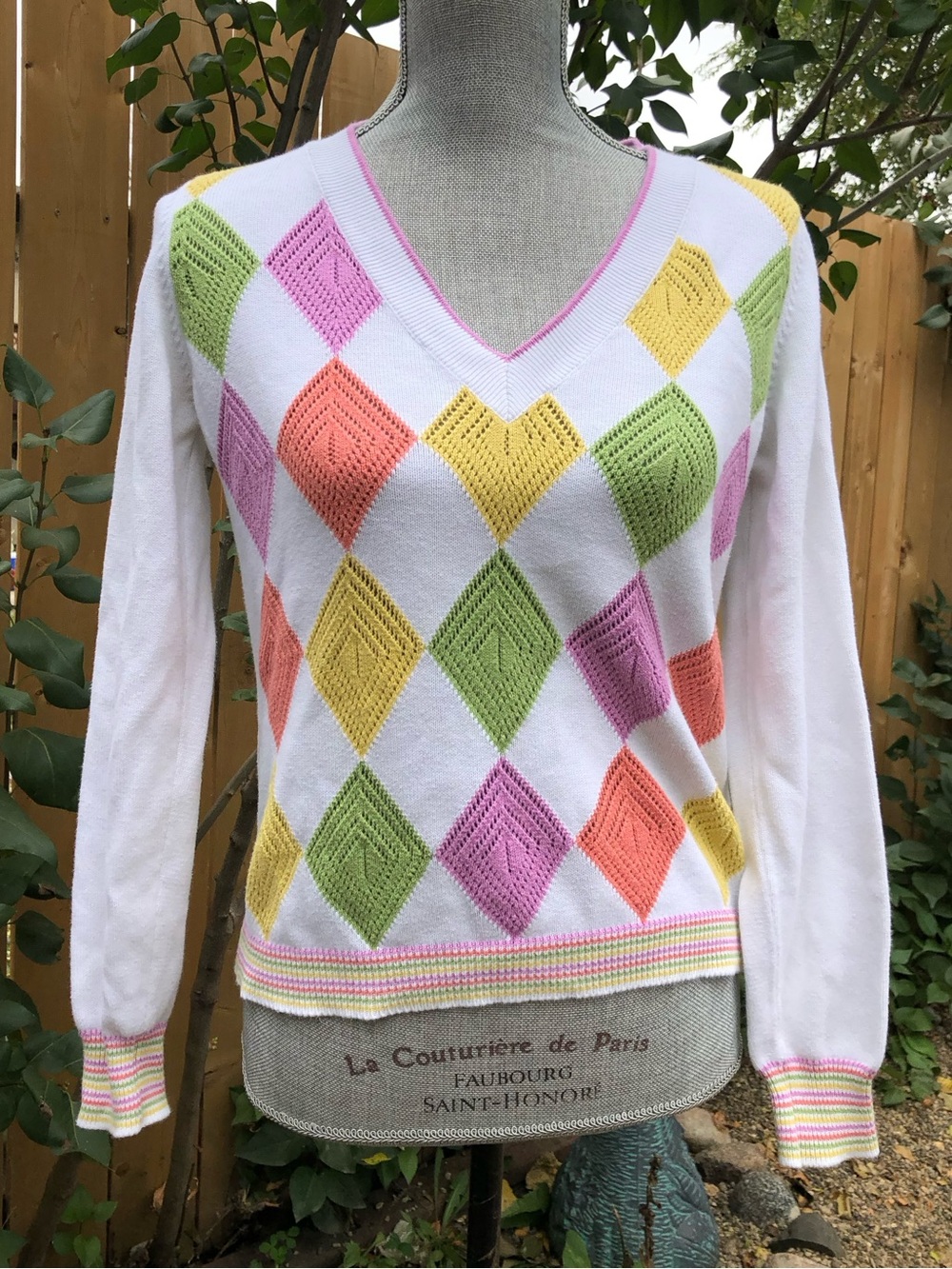 Y2K Preppy United Colors of Benetton Pastel Argyle V-Neck Sweater Academia